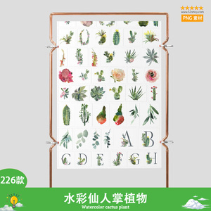 226款文艺清新儿童手绘水彩仙人掌植物合成花蕊PNG素材